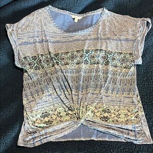 Blue and White Cap Sleeve Tie Front T-Shirt